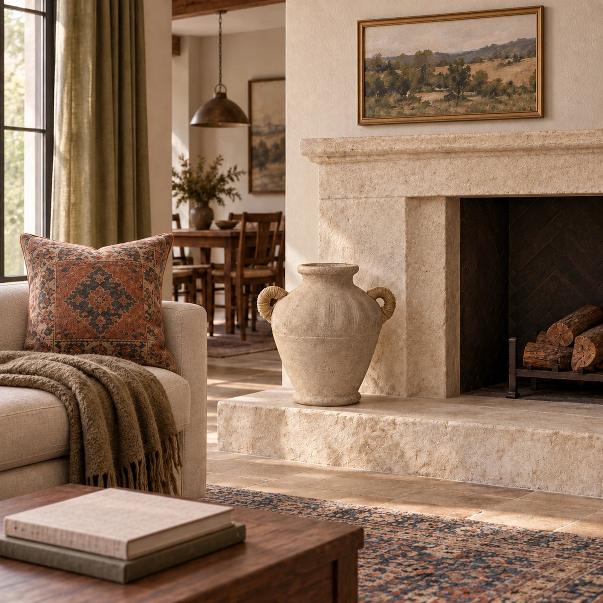 Empty rope-handle weathered vase on a stone hearth beside a linen sofa in a furnished Mediterranean living room