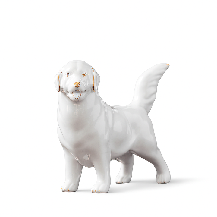 Glossy white ceramic dog figurine with gold accents on nose, eyes, ears, and paws