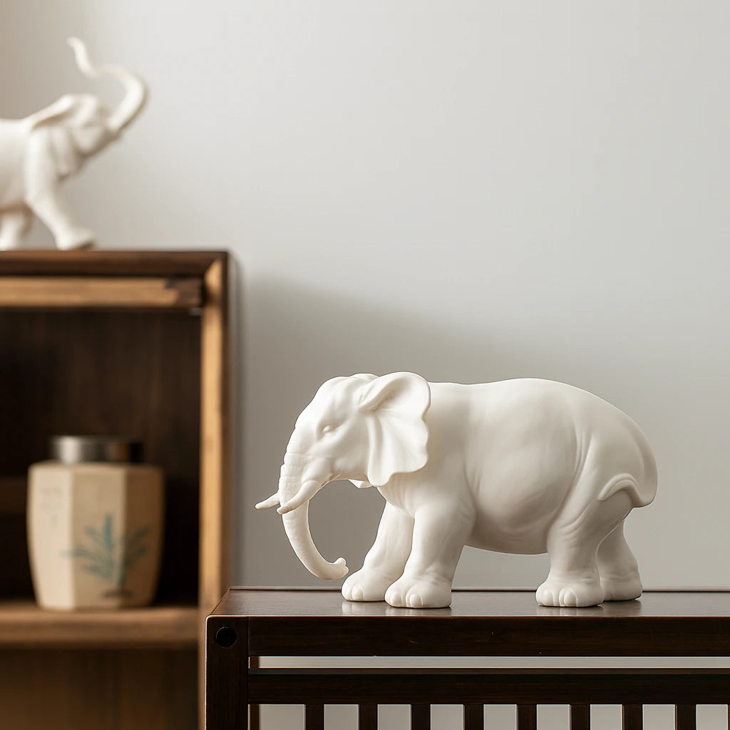 Handcrafted White Ceramic Elephant Statue for Good Luck & Modern Home Decor