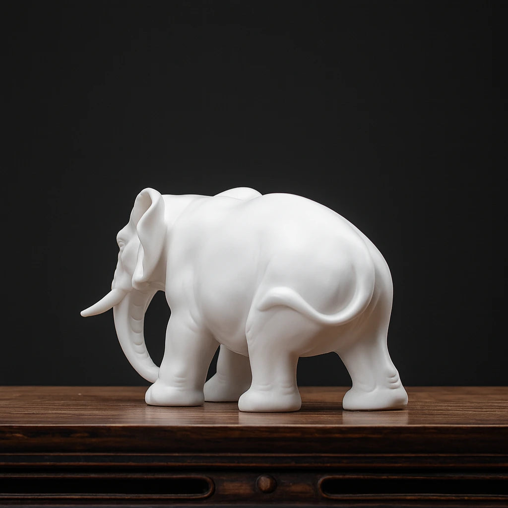 Handcrafted White Ceramic Elephant Statue for Good Luck & Modern Home Decor