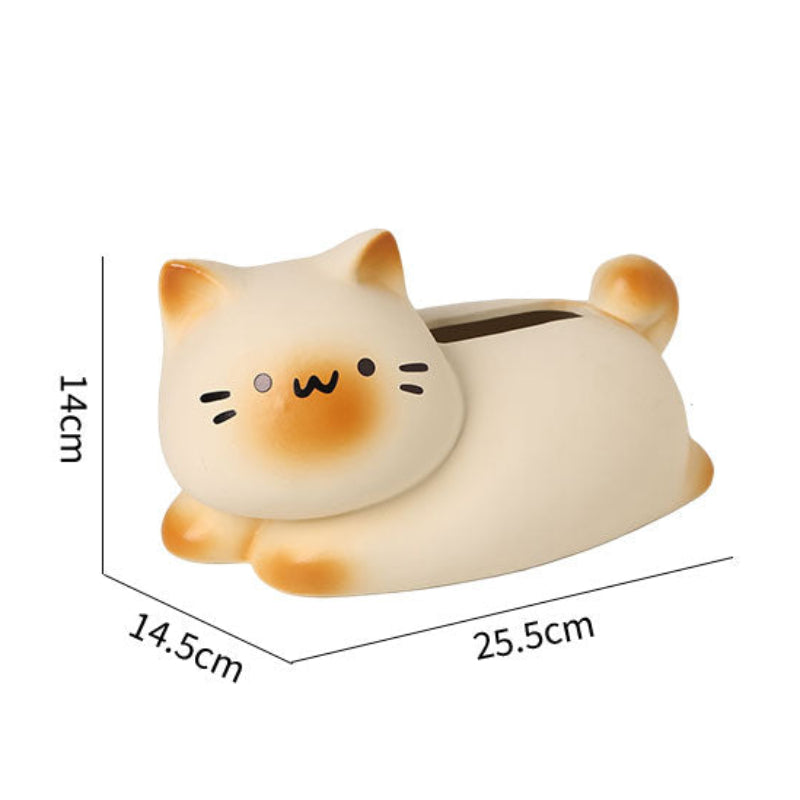 Cat-shaped tissue box with dimensions and product details on a white background