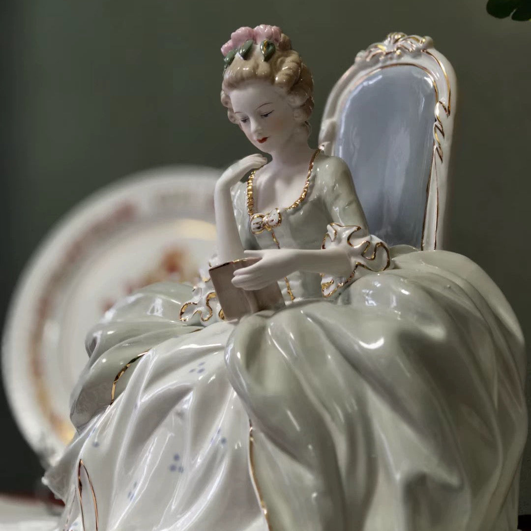 Rococo Style Reading Lady Porcelain Figurine | Hand-Painted Classical Statue