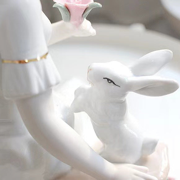 Romantic Lady with Rabbit Porcelain Figurine | Hand-Painted Classical Statue