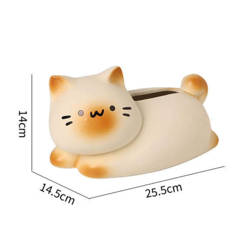 Cat-shaped tissue box with dimensions and product details on a white background