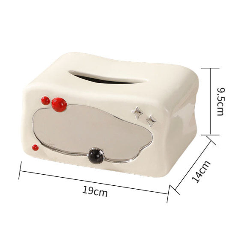 Rectangular ceramic tissue box with dimensions and product details on a white background