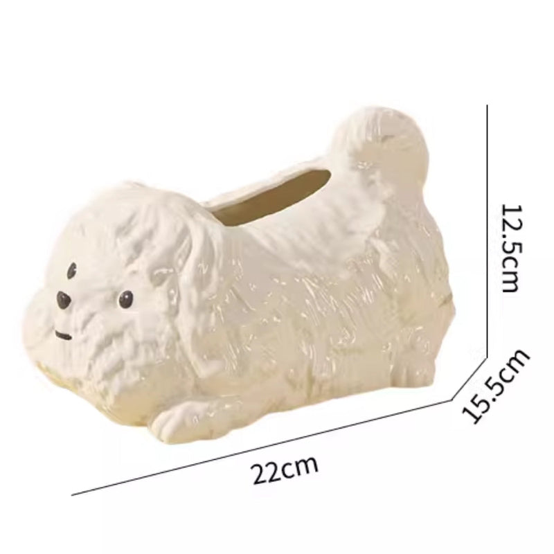 White ceramic dog-shaped paper towel holder with dimensions on a white background