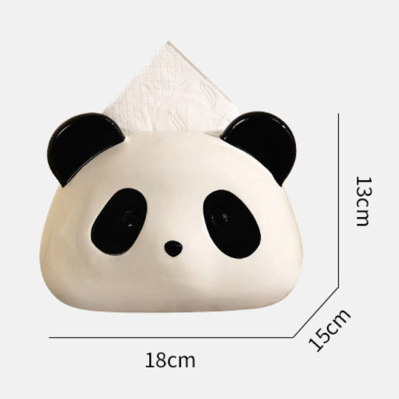 Panda-shaped paper towel holder with dimensions on a white background