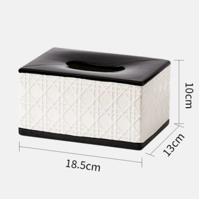 Product parameter card for a ceramic tissue box with dimensions and material details.