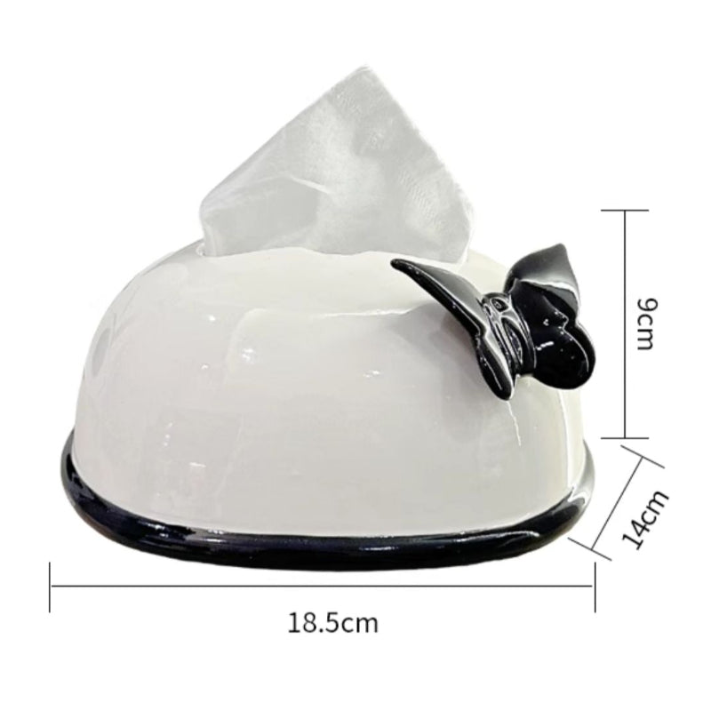 White paper towel holder with black base and dimensions displayed on a white background.