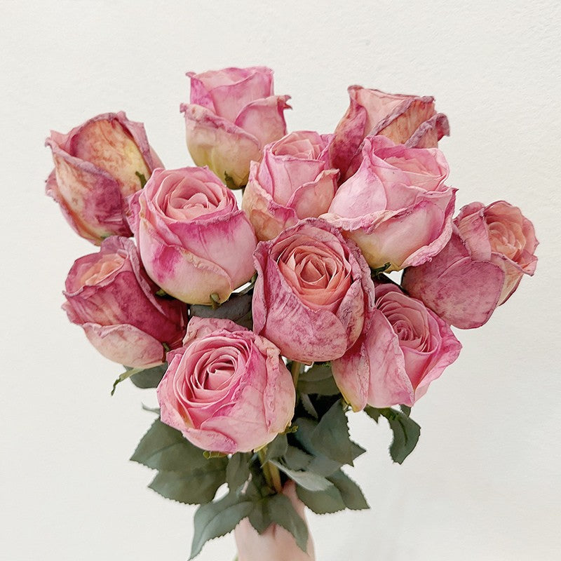 Realistic Burnt Edge Faux Rose | Single Stem Vintage Style Decor