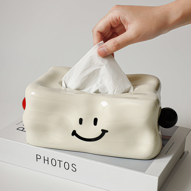 Minimalist Smiley Face Tissue Box Cover | Modern Quirky Ceramic Decor
