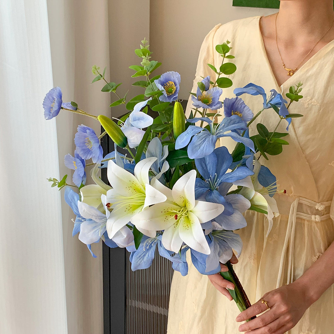 Blue & White Faux Flower Bouquet | Realistic Lily, Iris & Poppy Arrangement