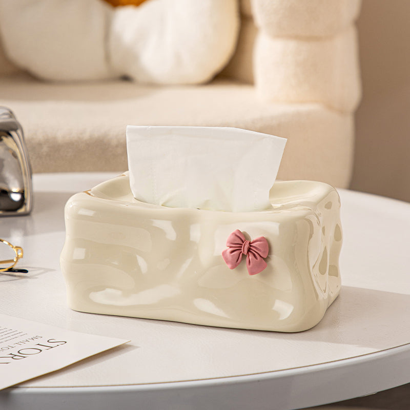 Wavy Sculptural Tissue Box Cover with Pink Bow | Modern Ceramic Decor