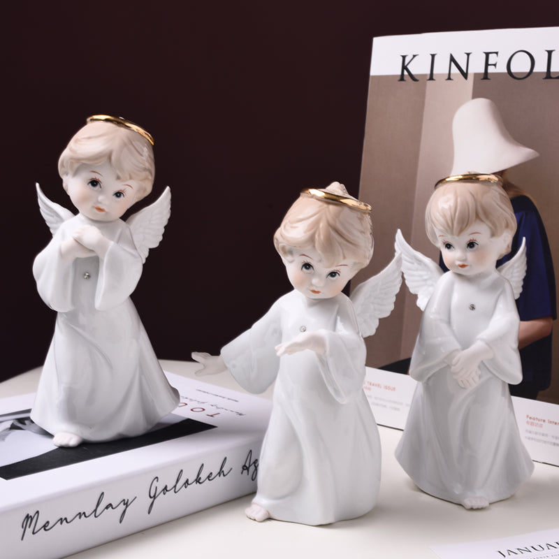 Serene Porcelain Angel Figurine | Hand-Painted Guardian Angel with Gold Halo