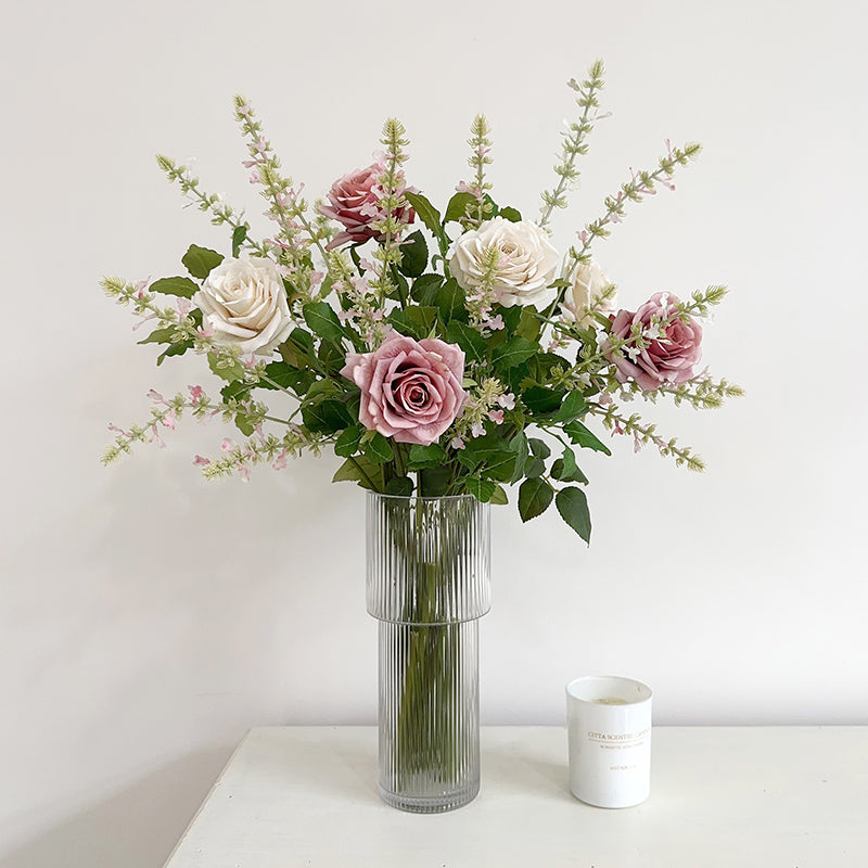 Luxury "English Garden" Faux Flower Bouquet | Pre-Arranged Rose & Sage Arrangement