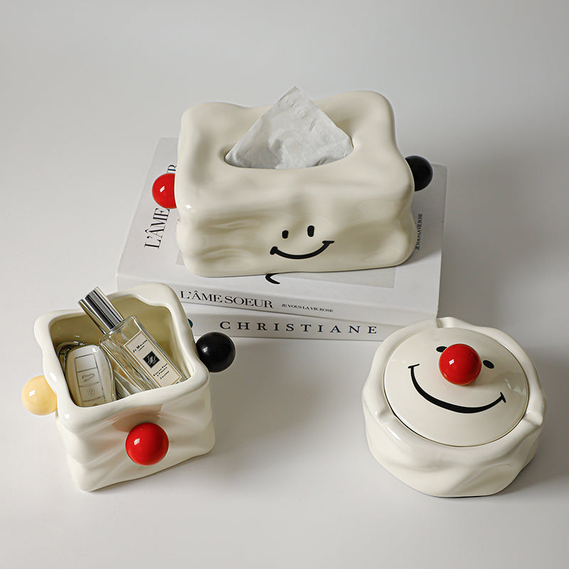 Minimalist Smiley Face Tissue Box Cover | Modern Quirky Ceramic Decor
