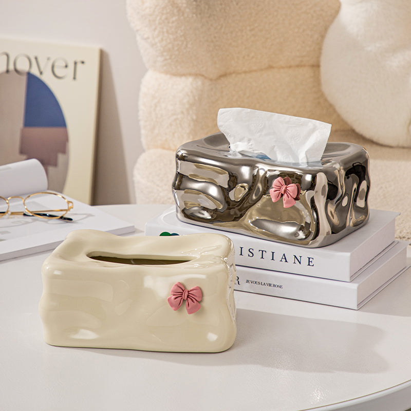 Wavy Sculptural Tissue Box Cover with Pink Bow | Modern Ceramic Decor