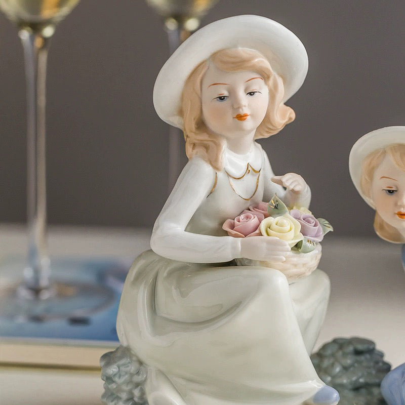 Best Friends Porcelain Figurine with Puppy | Hand-Painted Sisters Statue