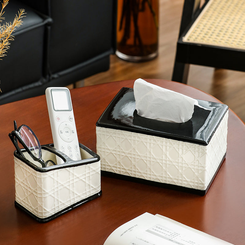 Elegant Cannage Pattern Ceramic Tissue Box Cover | Luxury Black & Cream Decor