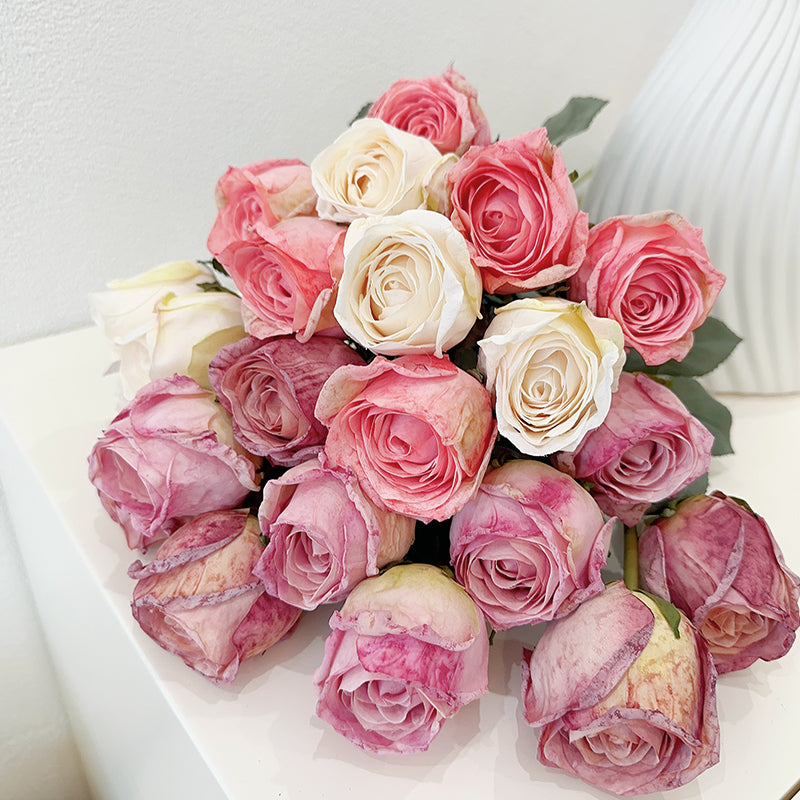 Realistic Burnt Edge Faux Rose | Single Stem Vintage Style Decor