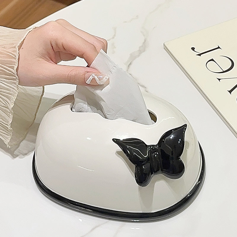 Elegant Butterfly Ceramic Tissue Box Cover | Modern Black & White Decor