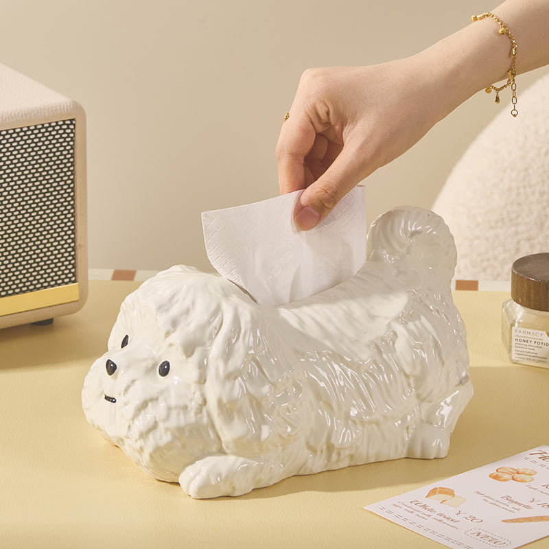 Cute Fluffy Dog Ceramic Tissue Box Cover | Kawaii Shih Tzu Desk Accessory