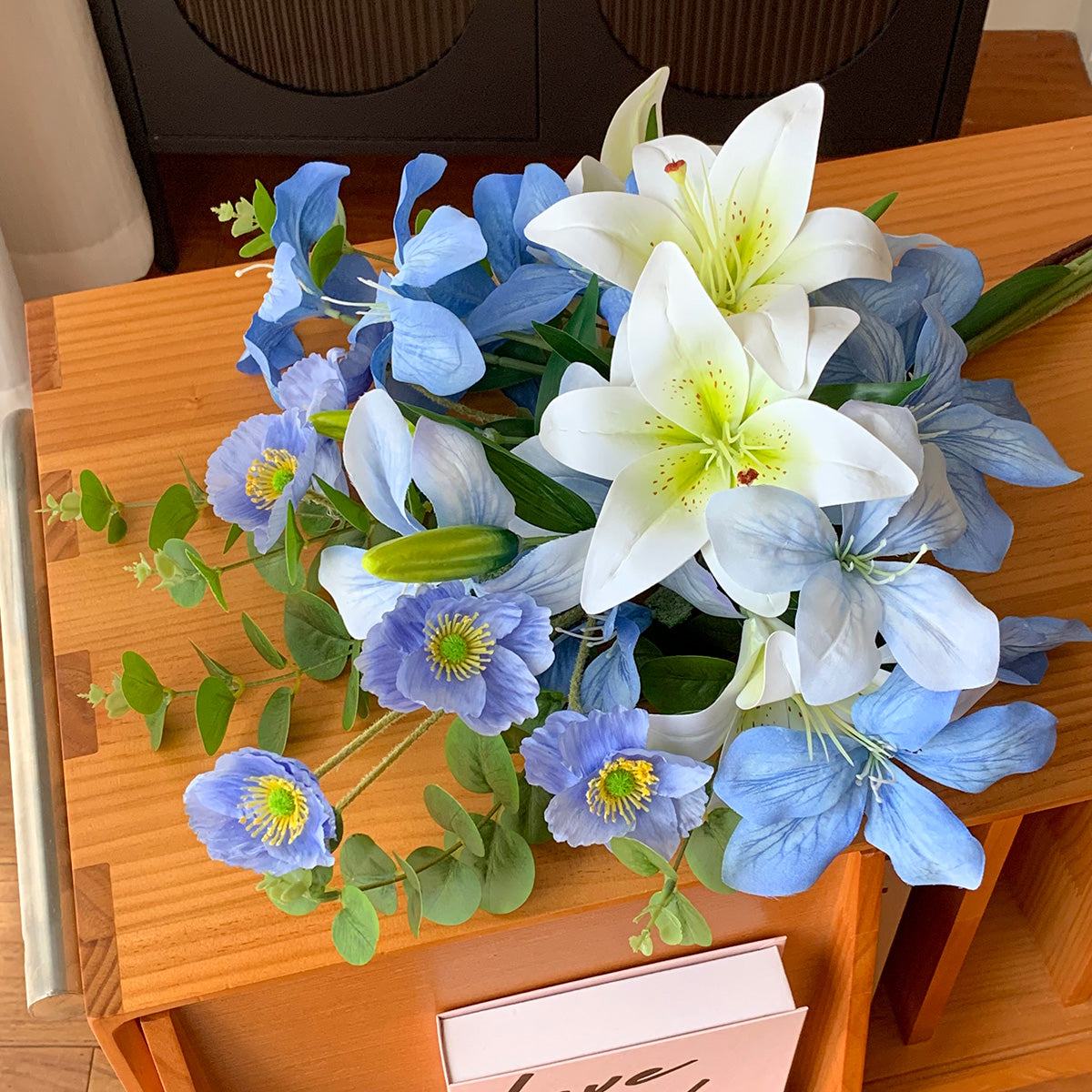 Blue & White Faux Flower Bouquet | Realistic Lily, Iris & Poppy Arrangement