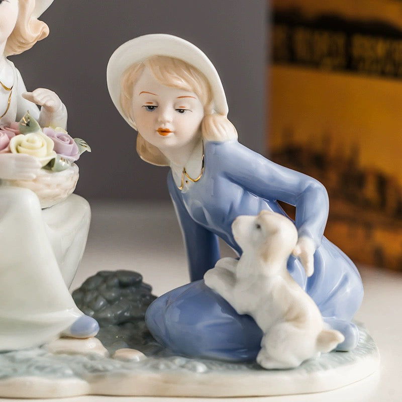 Best Friends Porcelain Figurine with Puppy | Hand-Painted Sisters Statue