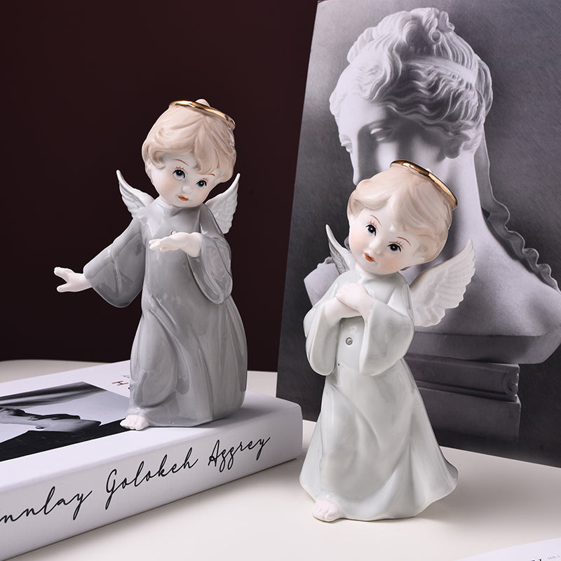 Serene Porcelain Angel Figurine | Hand-Painted Guardian Angel with Gold Halo