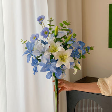 Blue & White Faux Flower Bouquet | Realistic Lily, Iris & Poppy Arrangement