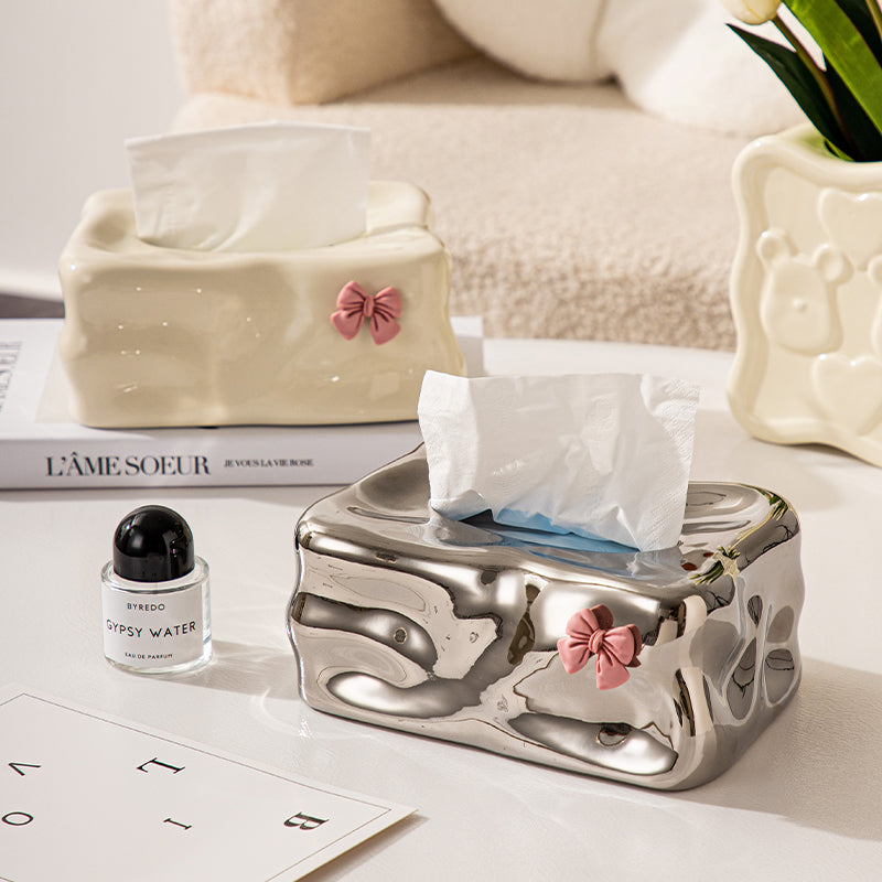 Wavy Sculptural Tissue Box Cover with Pink Bow | Modern Ceramic Decor