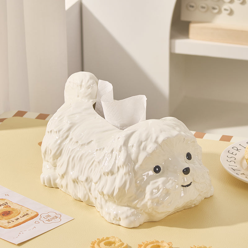 Cute Fluffy Dog Ceramic Tissue Box Cover | Kawaii Shih Tzu Desk Accessory