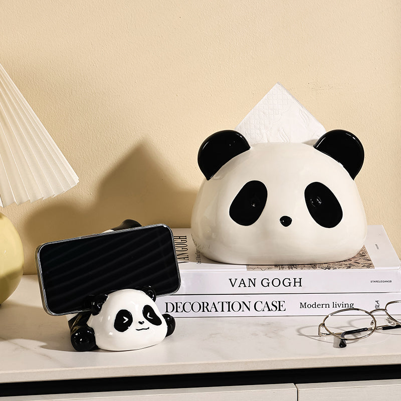 Cute Panda Ceramic Tissue Box Cover | Black & White Desk Accessory