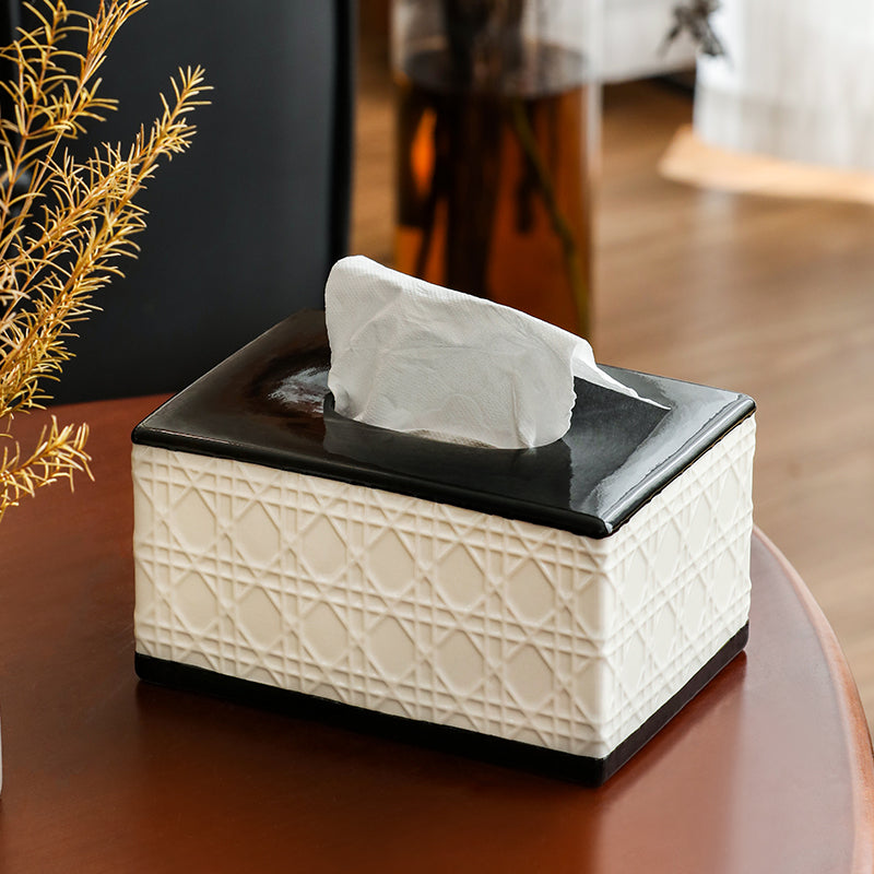Elegant Cannage Pattern Ceramic Tissue Box Cover | Luxury Black & Cream Decor