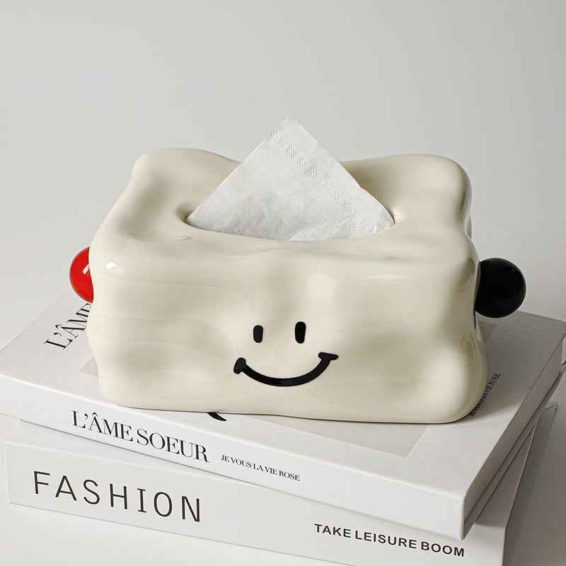 Minimalist Smiley Face Tissue Box Cover | Modern Quirky Ceramic Decor