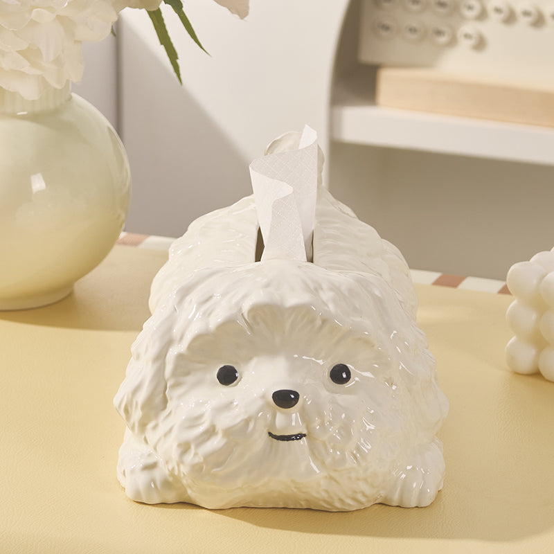 Cute Fluffy Dog Ceramic Tissue Box Cover | Kawaii Shih Tzu Desk Accessory