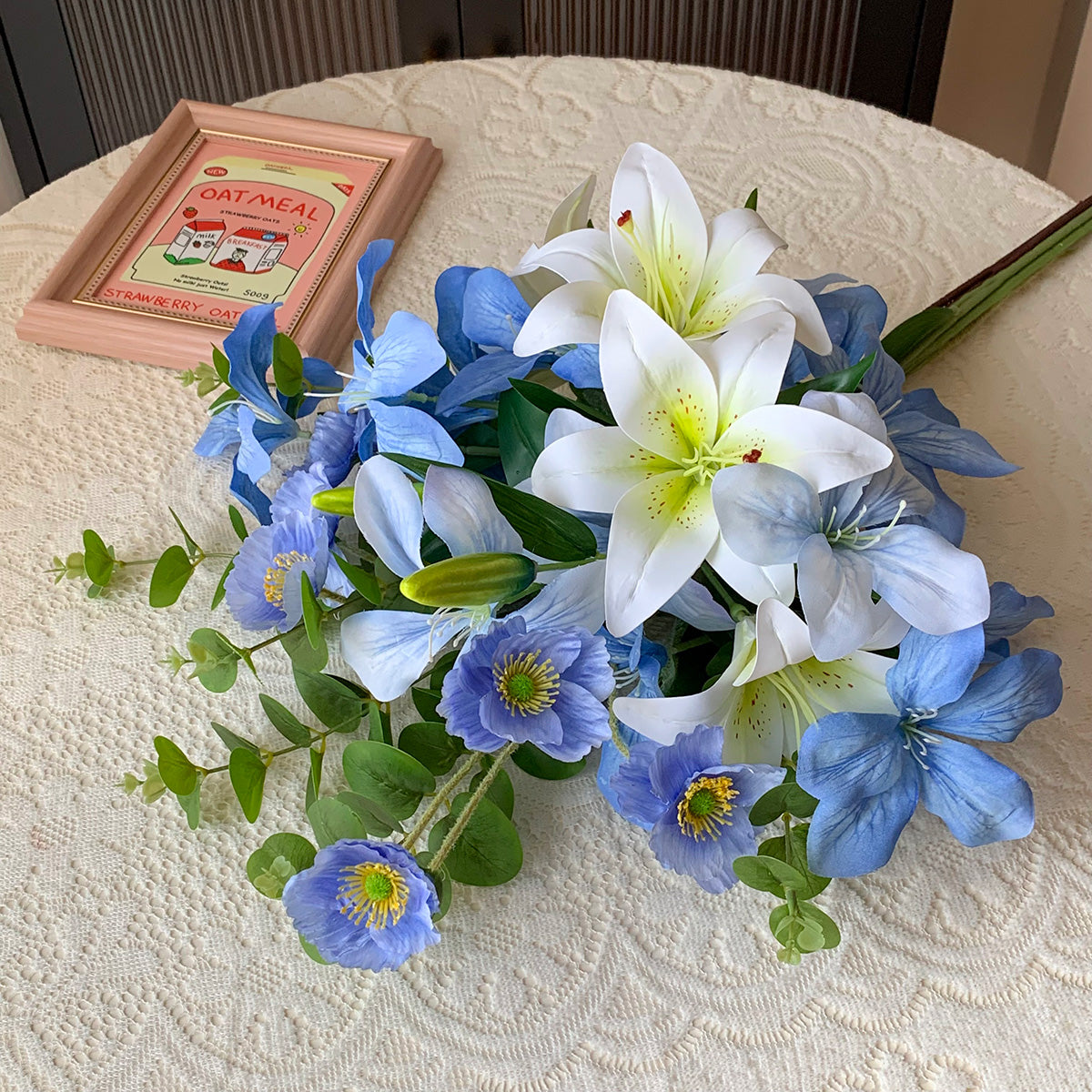 Blue & White Faux Flower Bouquet | Realistic Lily, Iris & Poppy Arrangement