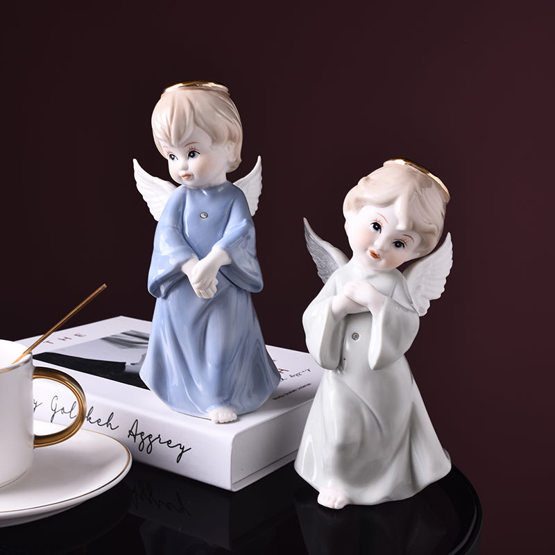 Serene Porcelain Angel Figurine | Hand-Painted Guardian Angel with Gold Halo