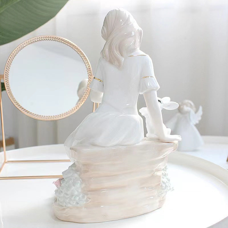 Romantic Lady with Rabbit Porcelain Figurine | Hand-Painted Classical Statue