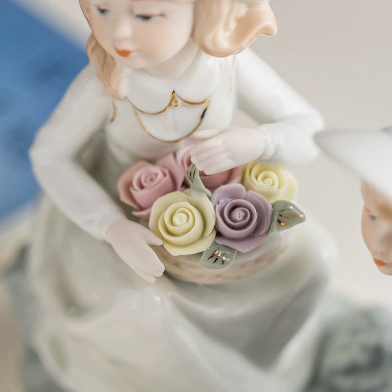 Best Friends Porcelain Figurine with Puppy | Hand-Painted Sisters Statue