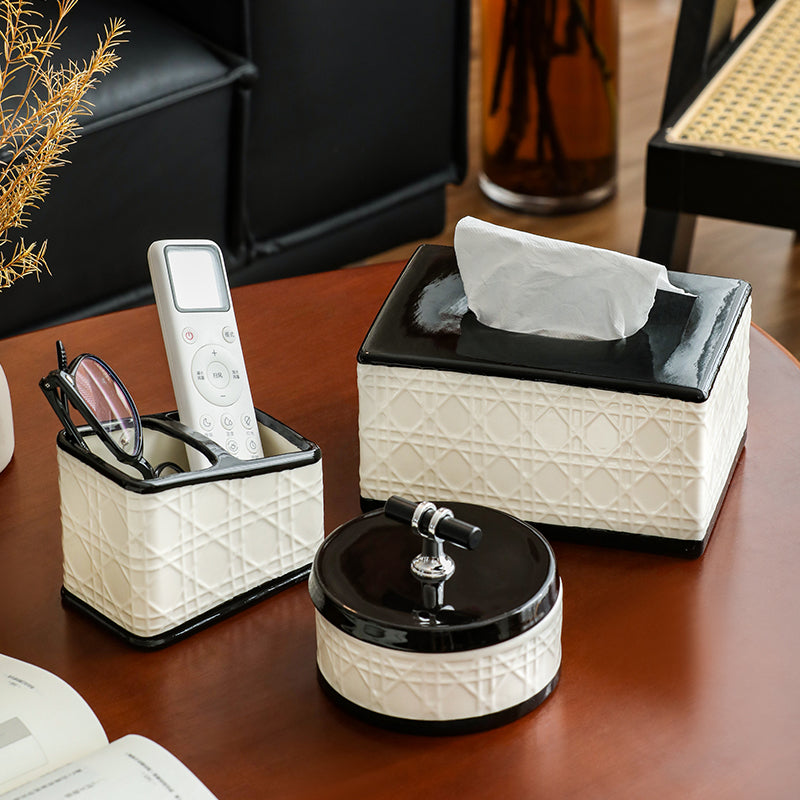 Elegant Cannage Pattern Ceramic Tissue Box Cover | Luxury Black & Cream Decor