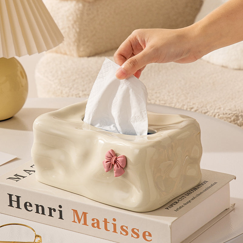 Wavy Sculptural Tissue Box Cover with Pink Bow | Modern Ceramic Decor