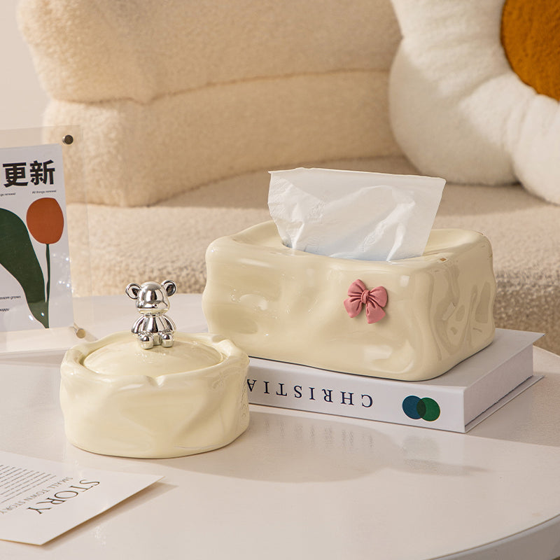 Wavy Sculptural Tissue Box Cover with Pink Bow | Modern Ceramic Decor