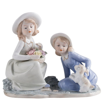Best Friends Porcelain Figurine with Puppy | Hand-Painted Sisters Statue