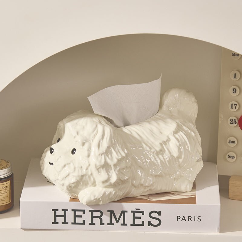 Cute Fluffy Dog Ceramic Tissue Box Cover | Kawaii Shih Tzu Desk Accessory