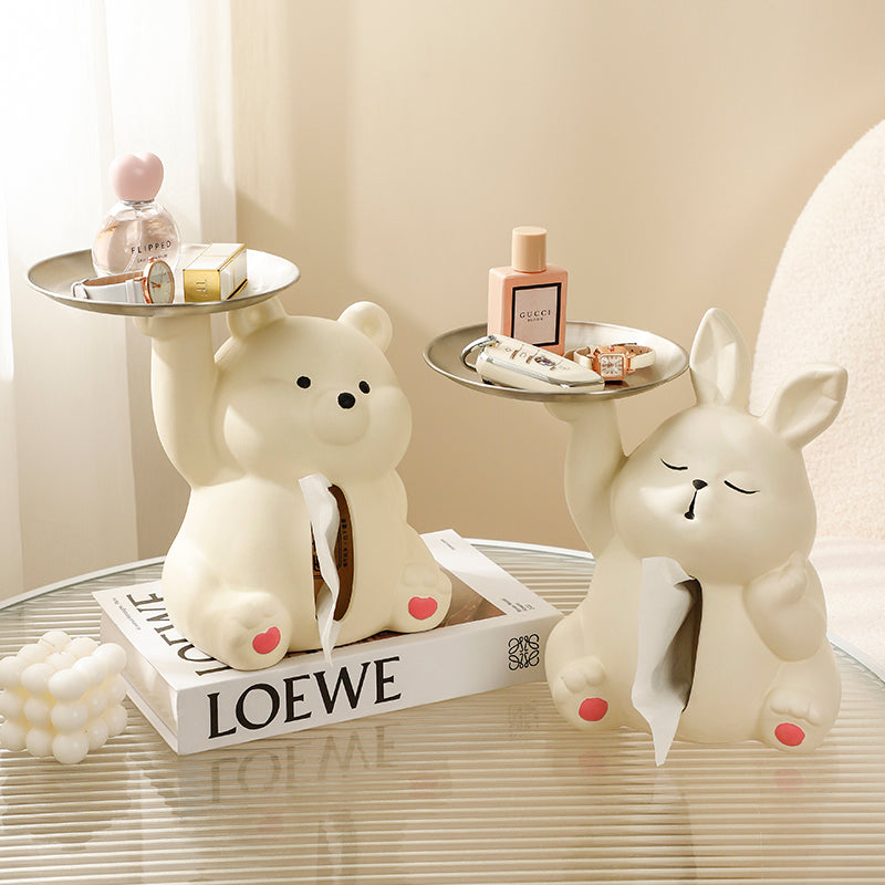 2-in-1 Cute Animal Tissue Box Cover with Valet Tray | Desk & Entryway Organizer