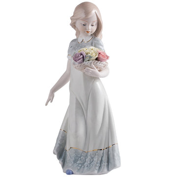 Romantic Girl with Flower Basket Porcelain Figurine | Hand-Painted Classical Statue