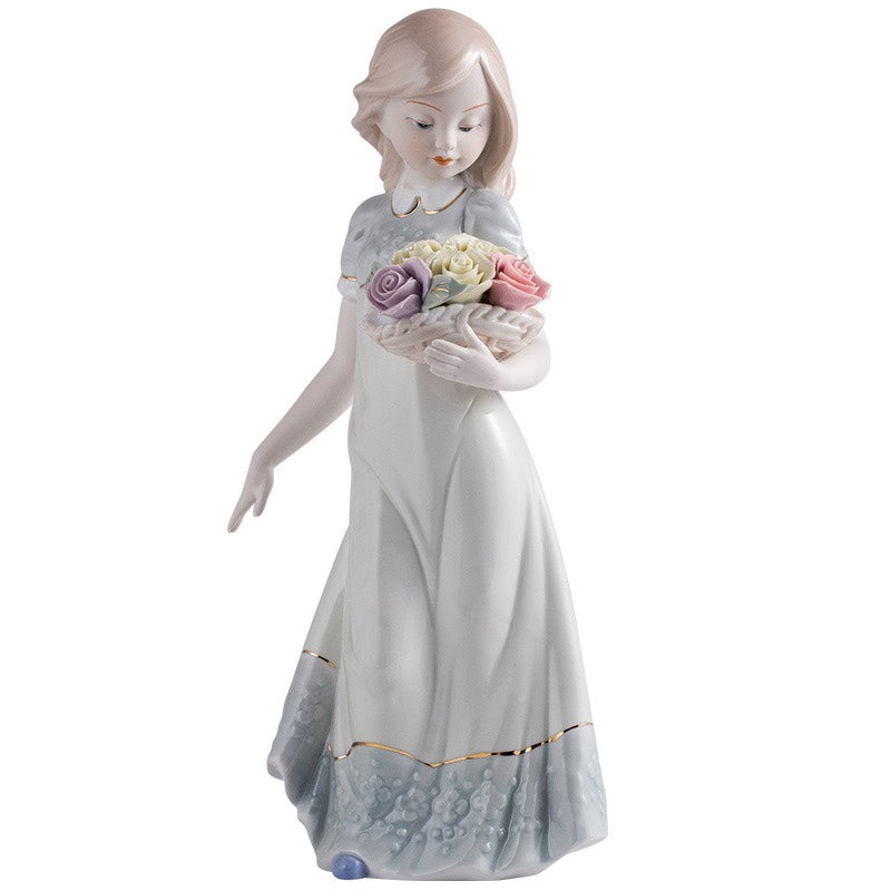 Romantic Girl with Flower Basket Porcelain Figurine | Hand-Painted Classical Statue