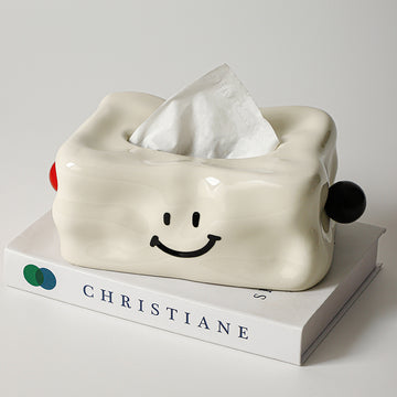 Minimalist Smiley Face Tissue Box Cover | Modern Quirky Ceramic Decor