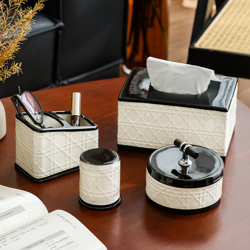 Elegant Cannage Pattern Ceramic Tissue Box Cover | Luxury Black & Cream Decor